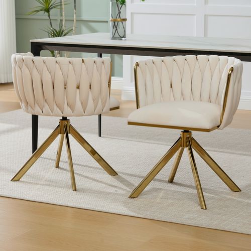 Lot De 2 Chaises Pivotant 56x50x70 Cm, Rotation 180 Degrés, Velours, Métal Renforcé, Ivoire+doré