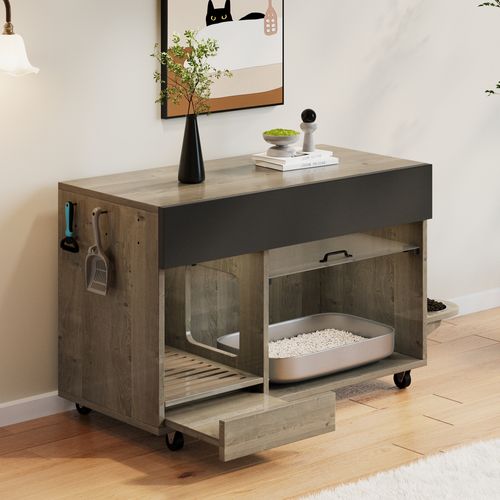 Bac à Litière 100x45,5x67 Cm, Rangement Multifonction, Bac Anti Sable, Mdf, Couleur Bois+noir