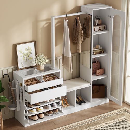 Vestiaire 163x50x161 Cm, Éclairage LED, 2 Portes + 3 Tiroirs, Panneau De Particules, Blanc