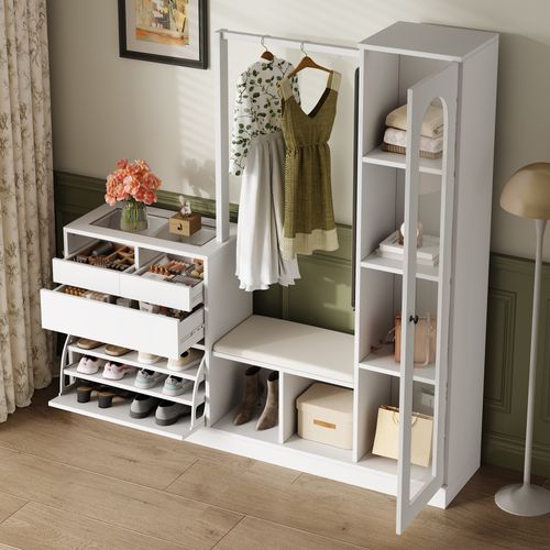 Vestiaire 163x50x161 Cm, Éclairage LED, 2 Portes + 3 Tiroirs, Panneau De Particules, Blanc