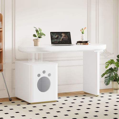 Bureau 117x50x76 Cm, 2 En 1, Compartiment Pour Animaux M à Xl, Plateau Laqué En Mdf, Blanc