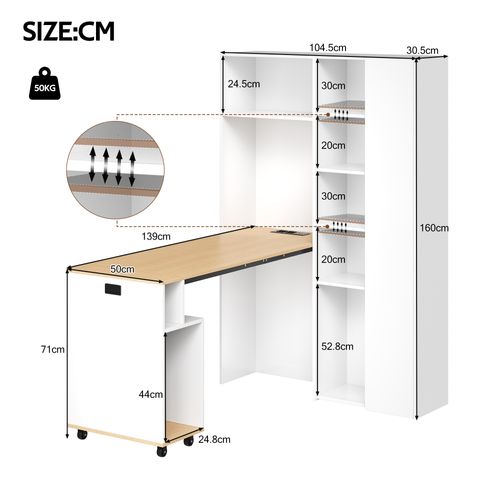 Bibliothèque Avec Bureau Rabattable 139x50x71+104.5x30.5x160 Cm, Avec Prise USB, Mdf, Blanc+bois