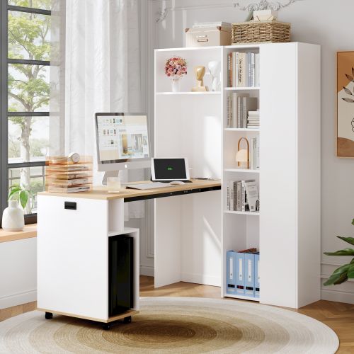 Bibliothèque Avec Bureau Rabattable 139x50x71+104.5x30.5x160 Cm, Avec Prise USB, Mdf, Blanc+bois