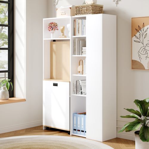 Bibliothèque Avec Bureau Rabattable 139x50x71+104.5x30.5x160 Cm, Avec Prise USB, Mdf, Blanc+bois
