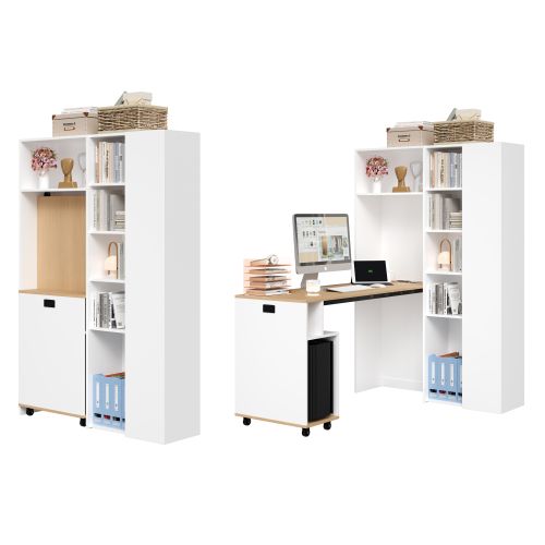 Bibliothèque Avec Bureau Rabattable 139x50x71+104.5x30.5x160 Cm, Avec Prise USB, Mdf, Blanc+bois