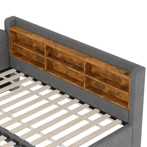 Lit Gigogne Canapé-lit 90x200 Cm,avec USB + Type-c, 6 Niches Murales, Tête De Lit, Lin Gris