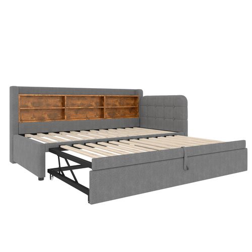 Lit Gigogne Canapé-lit 90x200 Cm,avec USB + Type-c, 6 Niches Murales, Tête De Lit, Lin Gris