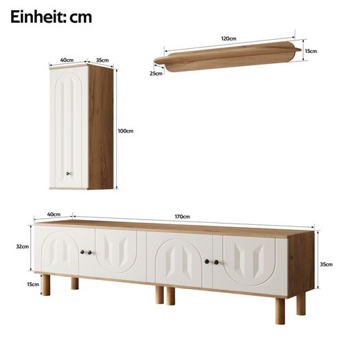 Ensemble Mur TV 170x40x50 Cm, Portes Sculptées, Panneaux De Particules, Mdf, Blanc+bois