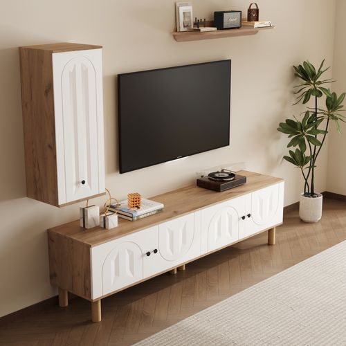 Ensemble Mur TV 170x40x50 Cm, Portes Sculptées, Panneaux De Particules, Mdf, Blanc+bois