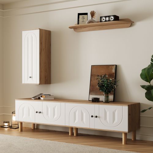 Ensemble Mur TV 170x40x50 Cm, Portes Sculptées, Panneaux De Particules, Mdf, Blanc+bois