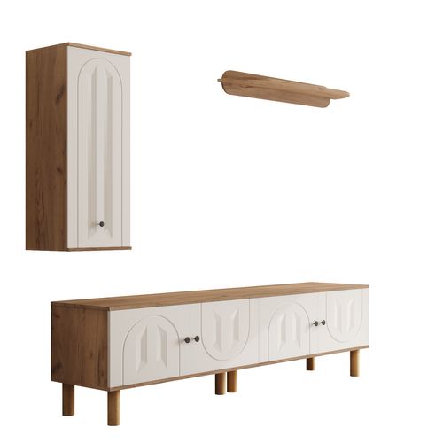 Ensemble Mur TV 170x40x50 Cm, Portes Sculptées, Panneaux De Particules, Mdf, Blanc+bois