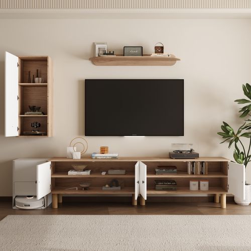 Ensemble Mur TV 170x40x50 Cm, Portes Sculptées, Panneaux De Particules, Mdf, Blanc+bois