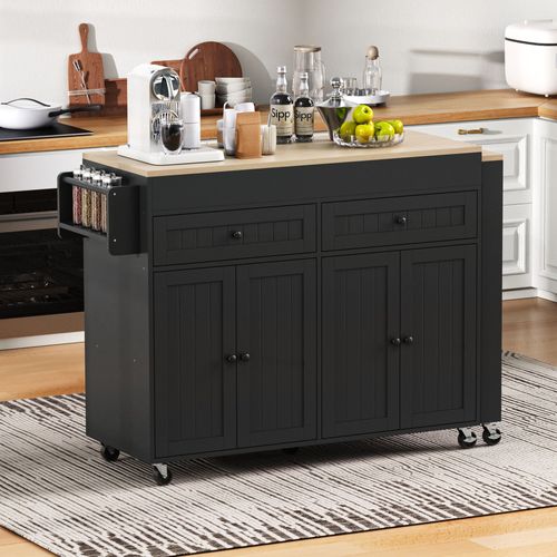 Îlot De Cuisine 112-180.5x45x92.2 Cm, Plateau Extensible, 4 Portes, 2 Tiroirs, Mdf, Noir Et Naturel