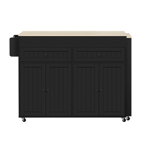 Îlot De Cuisine 112-180.5x45x92.2 Cm, Plateau Extensible, 4 Portes, 2 Tiroirs, Mdf, Noir Et Naturel