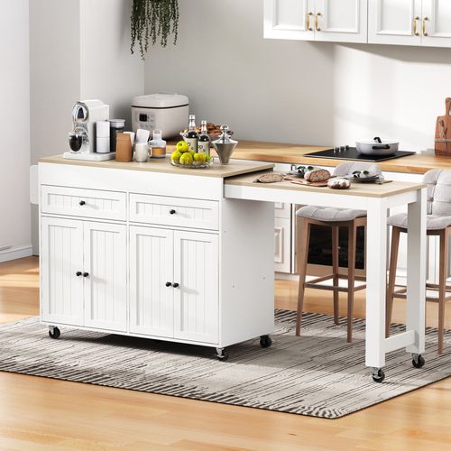 Îlot De Cuisine 112-180.5x45x92.2 Cm, 4 Porte, 2 Tiroirs, Plateau Extensible, Mdf, Blanc+bois