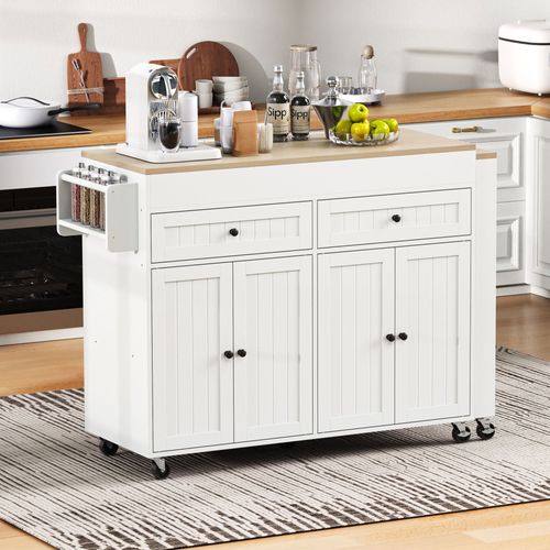 Îlot De Cuisine 112-180.5x45x92.2 Cm, 4 Porte, 2 Tiroirs, Plateau Extensible, Mdf, Blanc+bois