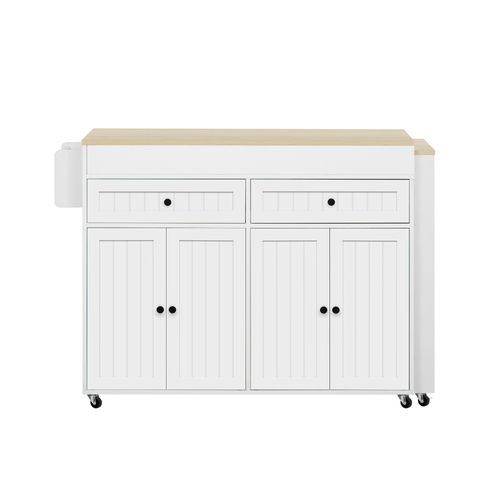 Îlot De Cuisine 112-180.5x45x92.2 Cm, 4 Porte, 2 Tiroirs, Plateau Extensible, Mdf, Blanc+bois