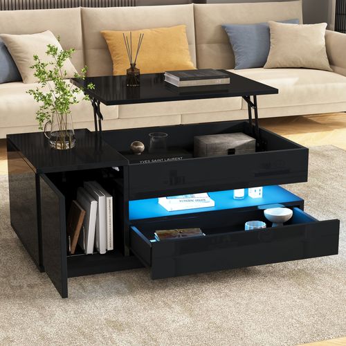 Table Basse Relevable Moderne 95x50x40/ 54,5 Cm, Rangement Et LED, Panneaux De Particules, Noir