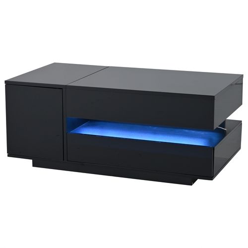 Table Basse Relevable Moderne 95x50x40/ 54,5 Cm, Rangement Et LED, Panneaux De Particules, Noir