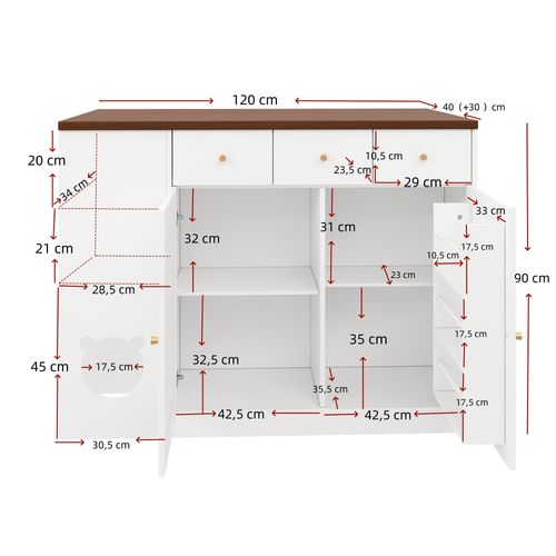 Îlot De Cuisine 120x40-70x90 Cm, Plateau Extensible, Rangement Modulable, 3 Tiroirs, Mdf, Blanc+brun