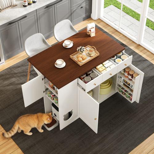 Îlot De Cuisine 120x40-70x90 Cm, Plateau Extensible, Rangement Modulable, 3 Tiroirs, Mdf, Blanc+brun