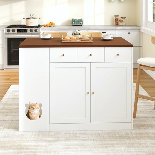 Îlot De Cuisine 120x40-70x90 Cm, Plateau Extensible, Rangement Modulable, 3 Tiroirs, Mdf, Blanc+brun