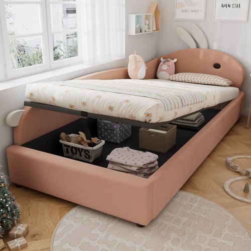 Lit Coffre Enfant 90x200 Cm, Tête De Lapin Adorable, Rangement Caché, Velours, Rose+blanc