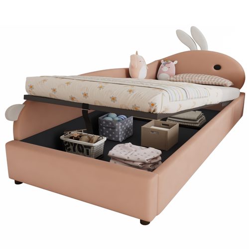 Lit Coffre Enfant 90x200 Cm, Tête De Lapin Adorable, Rangement Caché, Velours, Rose+blanc