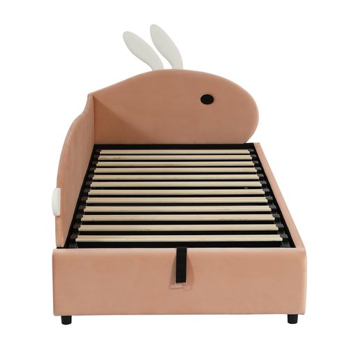 Lit Coffre Enfant 90x200 Cm, Tête De Lapin Adorable, Rangement Caché, Velours, Rose+blanc
