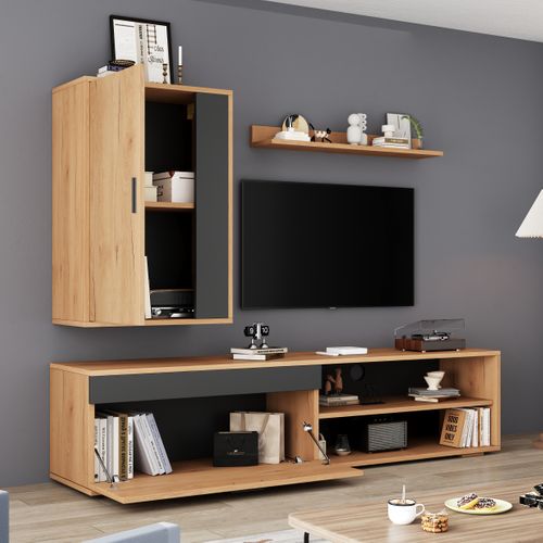 Ensemble Meuble TV 140x35x39 Cm, 3 Pièces, 2 Portes, 2 Niches, Panneau Particules, Couleur Bois+noir