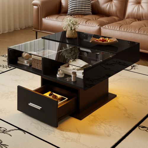 Table Basse Relevable 78x78x59,5 Cm, LED, Tiroir, 2 Niches, Coffre, Panneaux De Particules, Noir