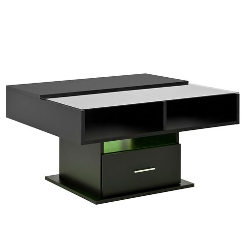 Table Basse Relevable 78x78x59,5 Cm, LED, Tiroir, 2 Niches, Coffre, Panneaux De Particules, Noir