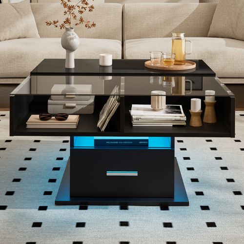 Table Basse Relevable 78x78x59,5 Cm, LED, Tiroir, 2 Niches, Coffre, Panneaux De Particules, Noir
