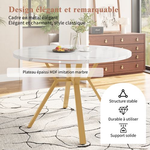 Ensemble Table Ronde 100 Cm, 4 Chaises Velours, Mdf Motif Marbre, Pieds Métal Doré, Blanc Et Or