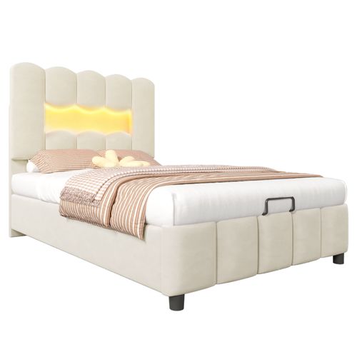 Lit Coffre 90x200 Cm, Rangement Caché, Bande LED, Tête De Lit Réglable, Velours, Beige