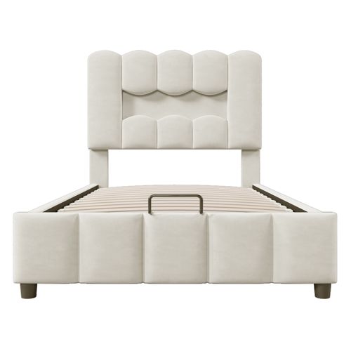 Lit Coffre 90x200 Cm, Rangement Caché, Bande LED, Tête De Lit Réglable, Velours, Beige