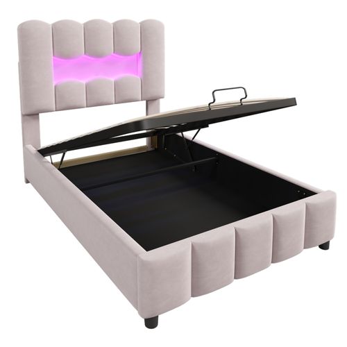 Lit Coffre Lit Simple 90x200 Cm Avec Tête De Lit Réglable à Éclairage LED, Velours Rose