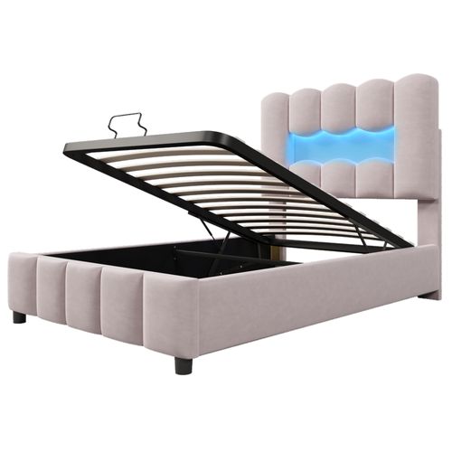 Lit Coffre Lit Simple 90x200 Cm Avec Tête De Lit Réglable à Éclairage LED, Velours Rose