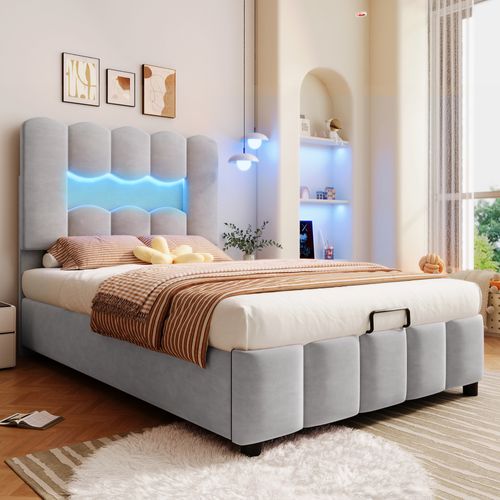 Lit Coffre Lit Simple 90x200 Cm Avec Tête De Lit Réglable à Éclairage LED, Velours Gris