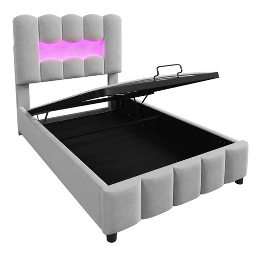 Lit Coffre Lit Simple 90x200 Cm Avec Tête De Lit Réglable à Éclairage LED, Velours Gris