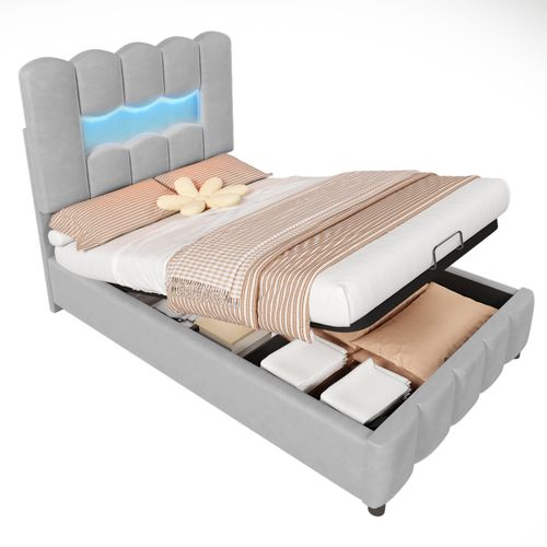 Lit Coffre Lit Simple 90x200 Cm Avec Tête De Lit Réglable à Éclairage LED, Velours Gris