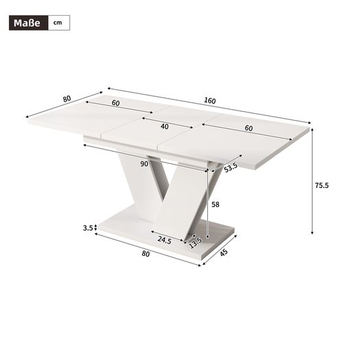 Table Extensible 120/160x80x75.5 Cm, Pour 4 à 8 Personnes, Plateau Mdf Blanc, Pieds En V Métal