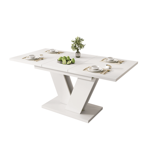 Table Extensible 120/160x80x75.5 Cm, Pour 4 à 8 Personnes, Plateau Mdf Blanc, Pieds En V Métal