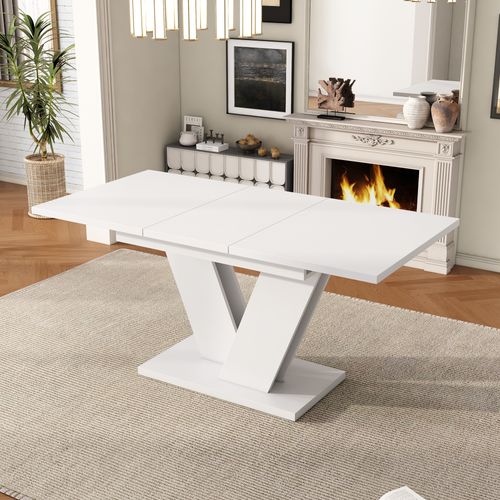 Table Extensible 120/160x80x75.5 Cm, Pour 4 à 8 Personnes, Plateau Mdf Blanc, Pieds En V Métal