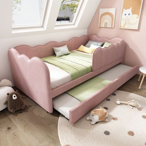 Lit Gigogne 90x190 Cm, 2 Couchages, Dossier Confort, Velours, Métal, Couleur Rose