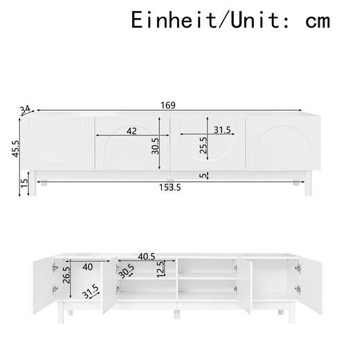 Meuble TV 169x34x45.5 Cm, 4 Portes Sans Poignées Et Étagères, Mdf Et Panneaux De Particules, Blanc