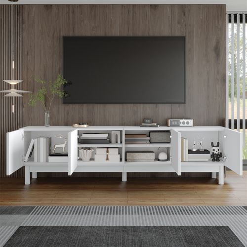 Meuble TV 169x34x45.5 Cm, 4 Portes Sans Poignées Et Étagères, Mdf Et Panneaux De Particules, Blanc