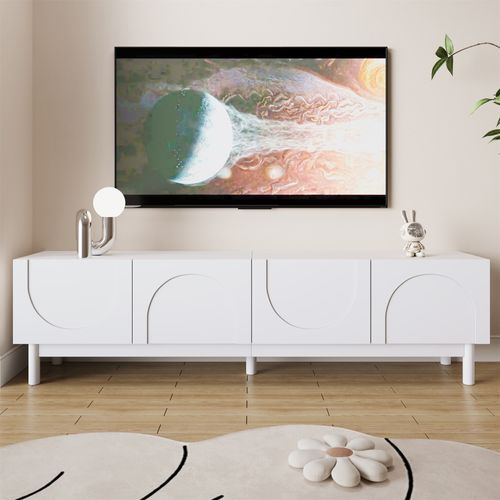 Meuble TV 169x34x45.5 Cm, 4 Portes Sans Poignées Et Étagères, Mdf Et Panneaux De Particules, Blanc