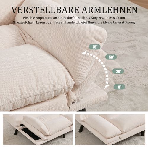 Canapé Convertible, 2 Places, Avec Dossier Réglable, Pieds Métal, Mousse, Beige