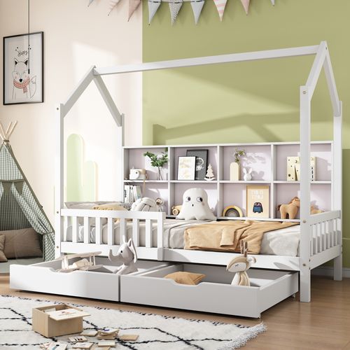 Lit Cabane Enfant 90x200 Cm Avec Rangement, 2 Tiroirs, Lit Simple Moderne, Pin Et Mdf, Blanc